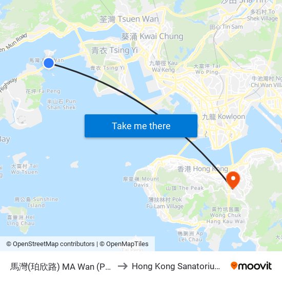 馬灣(珀欣路) MA Wan (Pak Yan Road) to Hong Kong Sanatorium & Hospital map