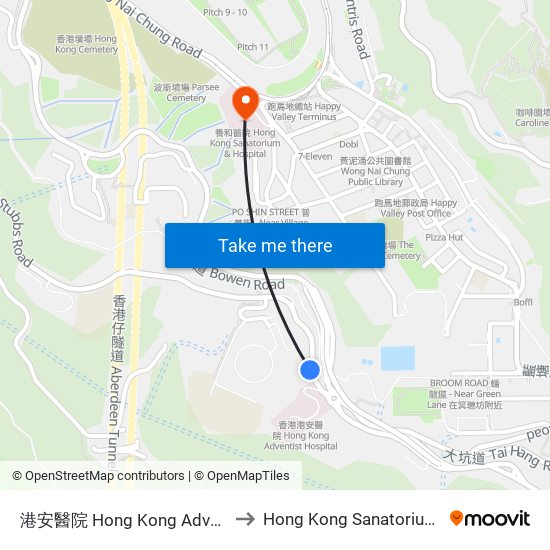 港安醫院 Hong Kong Adventist Hospital to Hong Kong Sanatorium & Hospital map