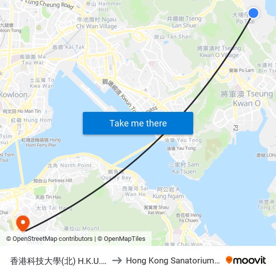 香港科技大學(北) H.K.U.S.T. (North) to Hong Kong Sanatorium & Hospital map