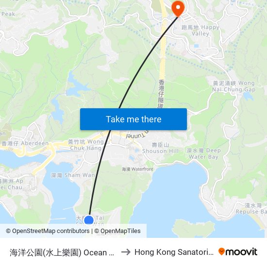 海洋公園(水上樂園) Ocean Park (Water World) to Hong Kong Sanatorium & Hospital map