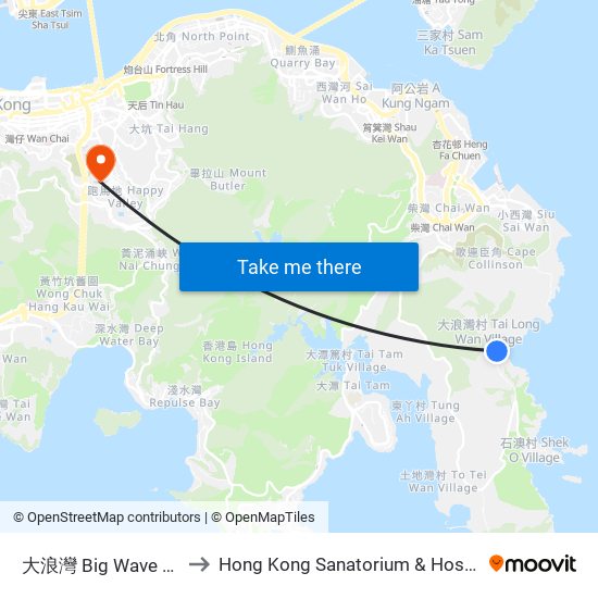 大浪灣 Big Wave Bay to Hong Kong Sanatorium & Hospital map