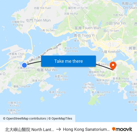 北大嶼山醫院 North Lantau Hospital to Hong Kong Sanatorium & Hospital map