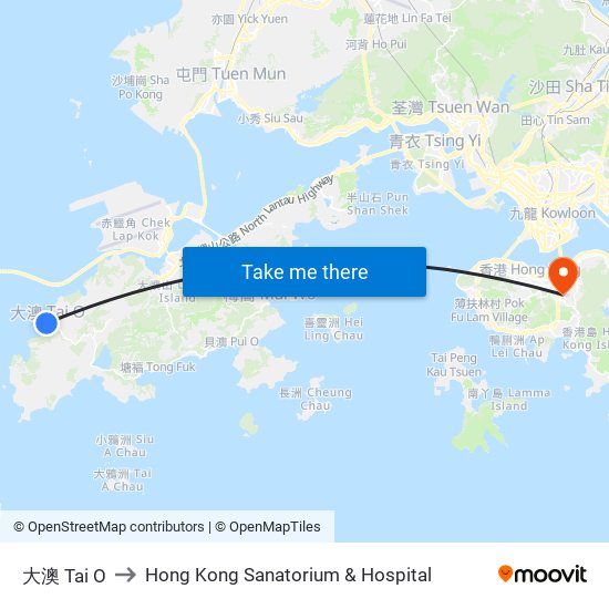 大澳 Tai O to Hong Kong Sanatorium & Hospital map