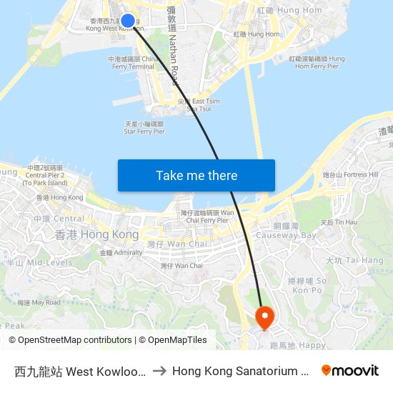 西九龍站 West Kowloon Station to Hong Kong Sanatorium & Hospital map