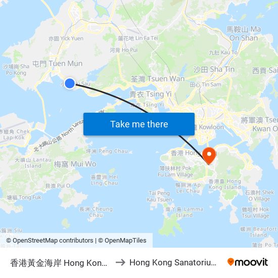 香港黃金海岸 Hong Kong Gold Coast to Hong Kong Sanatorium & Hospital map