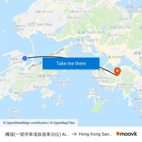 機場(一號停車場旅遊車泊位) Airport (Carpark 1 Coach Station) to Hong Kong Sanatorium & Hospital map