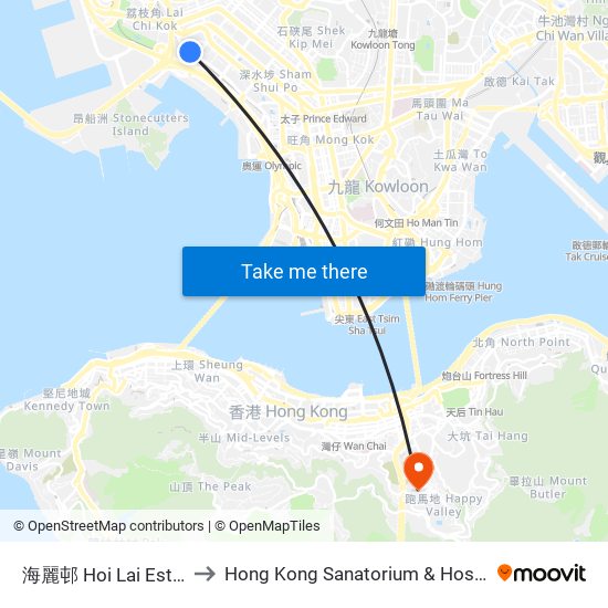 海麗邨 Hoi Lai Estate to Hong Kong Sanatorium & Hospital map