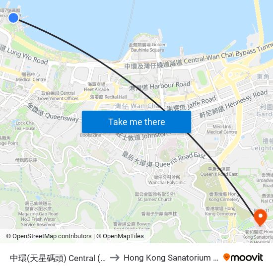 中環(天星碼頭) Central (Star Ferry) to Hong Kong Sanatorium & Hospital map