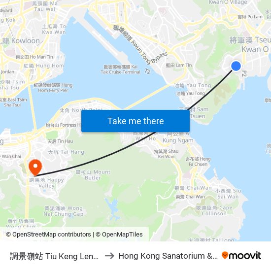 調景嶺站 Tiu Keng Leng Station to Hong Kong Sanatorium & Hospital map