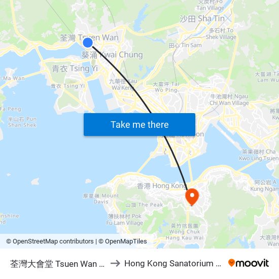 荃灣大會堂 Tsuen Wan Town Hall to Hong Kong Sanatorium & Hospital map