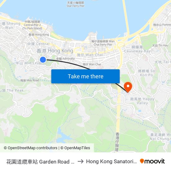 花園道纜車站 Garden Road Peak Tram Station to Hong Kong Sanatorium & Hospital map