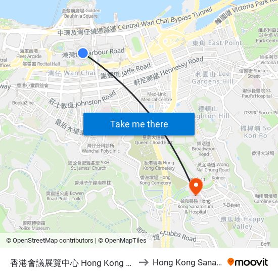 香港會議展覽中心 Hong Kong Convention & Exhibiton Centre to Hong Kong Sanatorium & Hospital map