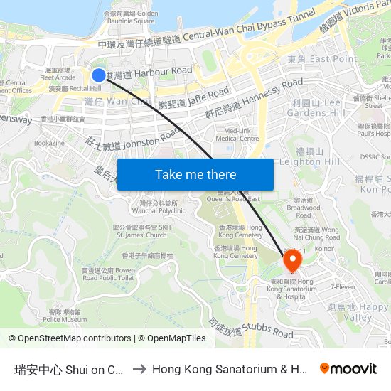 瑞安中心 Shui on Centre to Hong Kong Sanatorium & Hospital map