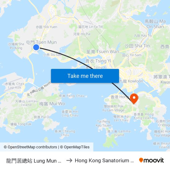 龍門居總站 Lung Mun Oasis B/T to Hong Kong Sanatorium & Hospital map