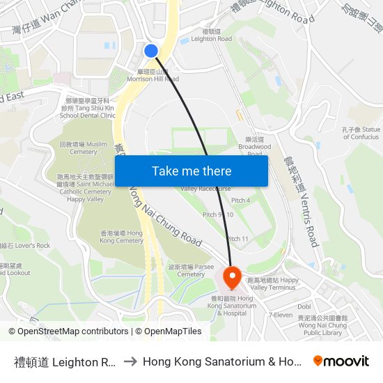 禮頓道 Leighton Road to Hong Kong Sanatorium & Hospital map