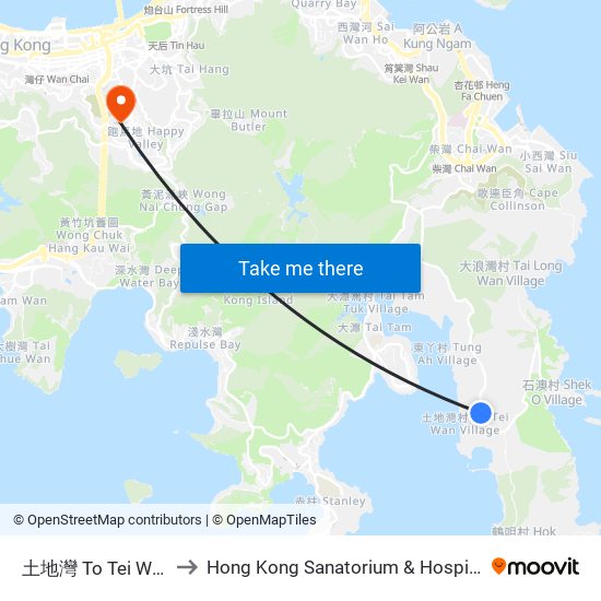 土地灣 To Tei Wan to Hong Kong Sanatorium & Hospital map