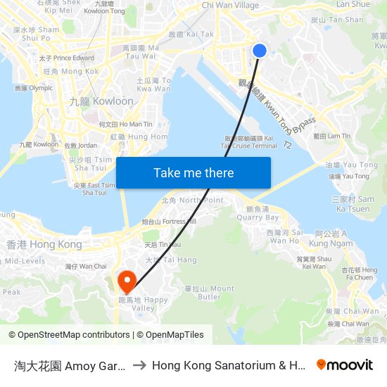 淘大花園 Amoy Gardens to Hong Kong Sanatorium & Hospital map