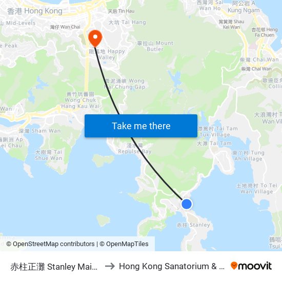 赤柱正灘 Stanley Main Beach to Hong Kong Sanatorium & Hospital map
