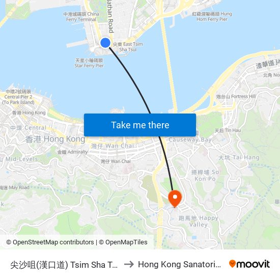 尖沙咀(漢口道) Tsim Sha Tsui (Hankow Rd.) to Hong Kong Sanatorium & Hospital map