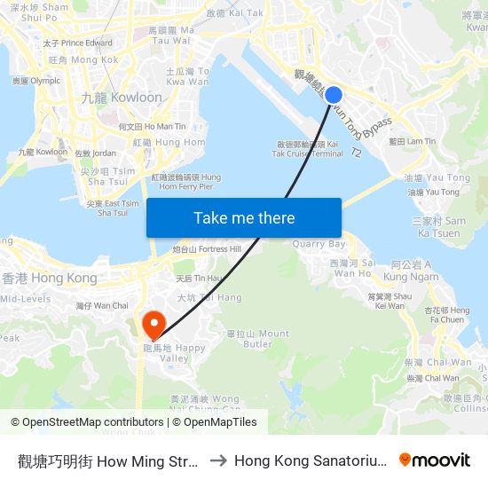 觀塘巧明街 How Ming Street Kwun Tong to Hong Kong Sanatorium & Hospital map