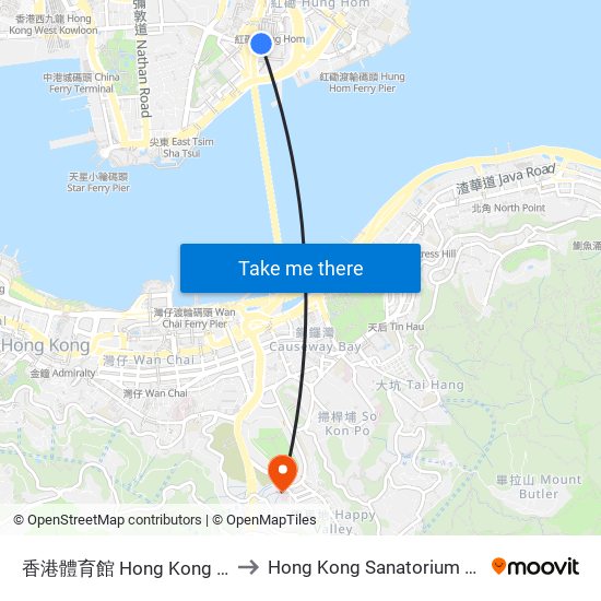 香港體育館 Hong Kong Coliseum to Hong Kong Sanatorium & Hospital map
