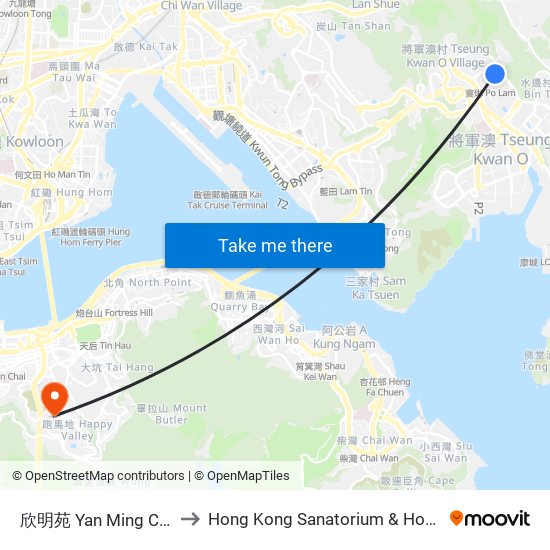 欣明苑 Yan Ming Court to Hong Kong Sanatorium & Hospital map
