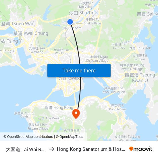 大圍道 Tai Wai Road to Hong Kong Sanatorium & Hospital map
