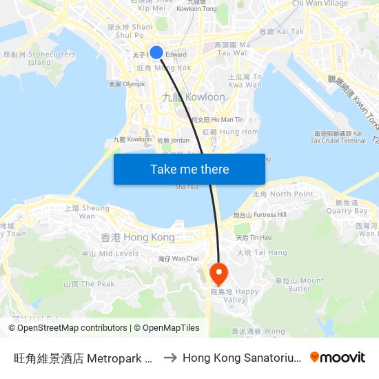 旺角維景酒店 Metropark Hotel Mongkok to Hong Kong Sanatorium & Hospital map