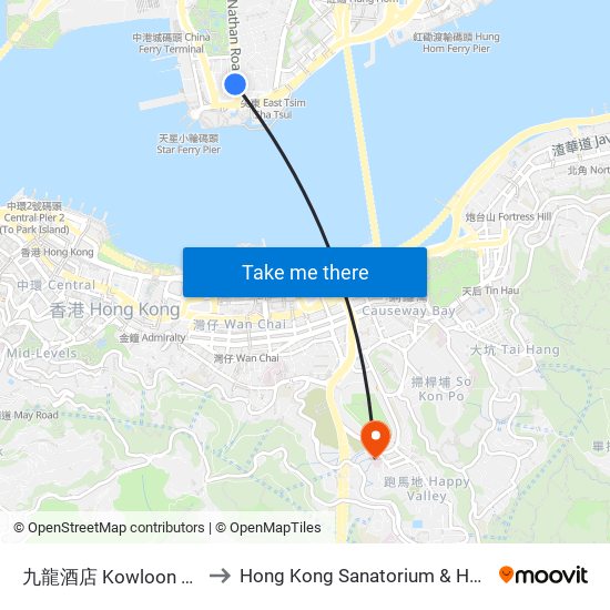 九龍酒店 Kowloon Hotel to Hong Kong Sanatorium & Hospital map