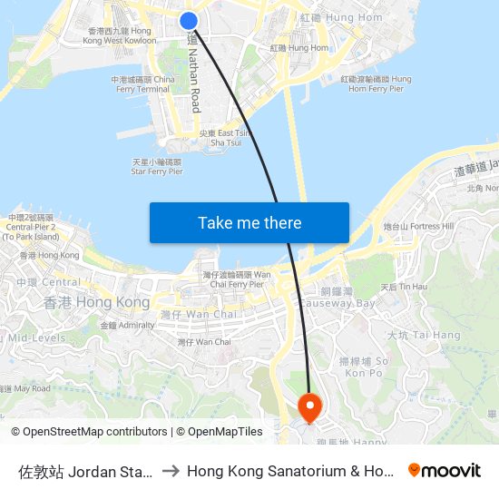 佐敦站 Jordan Station to Hong Kong Sanatorium & Hospital map