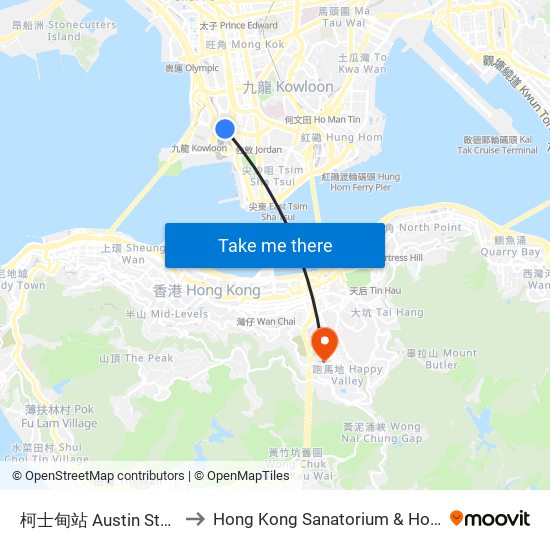 柯士甸站 Austin Station to Hong Kong Sanatorium & Hospital map