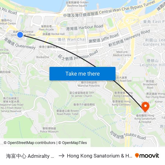 海富中心 Admiralty Centre to Hong Kong Sanatorium & Hospital map