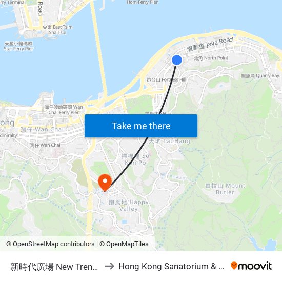 新時代廣場 New Trend Plaza to Hong Kong Sanatorium & Hospital map