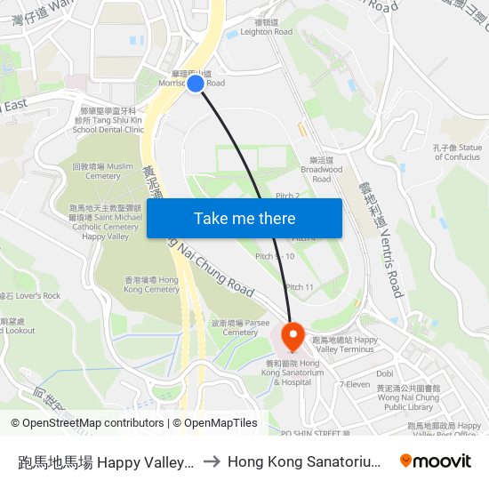 跑馬地馬場 Happy Valley Racecourse to Hong Kong Sanatorium & Hospital map