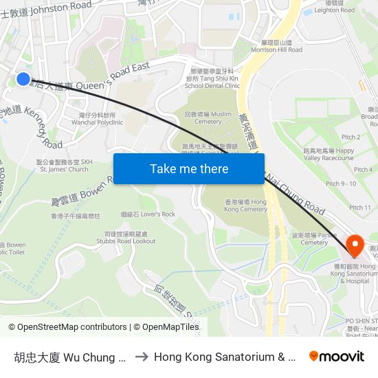 胡忠大廈 Wu Chung House to Hong Kong Sanatorium & Hospital map