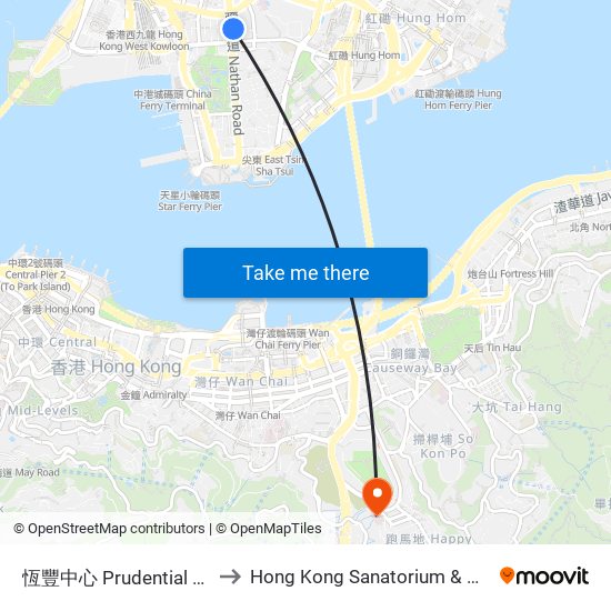 恆豐中心 Prudential Centre to Hong Kong Sanatorium & Hospital map