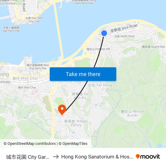城市花園 City Garden to Hong Kong Sanatorium & Hospital map