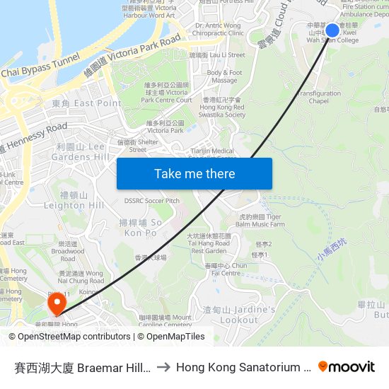 賽西湖大廈 Braemar Hill Mansions to Hong Kong Sanatorium & Hospital map