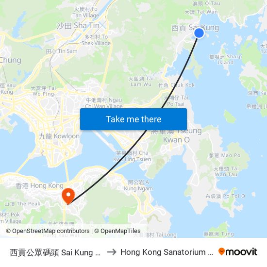 西貢公眾碼頭 Sai Kung Public Pier to Hong Kong Sanatorium & Hospital map