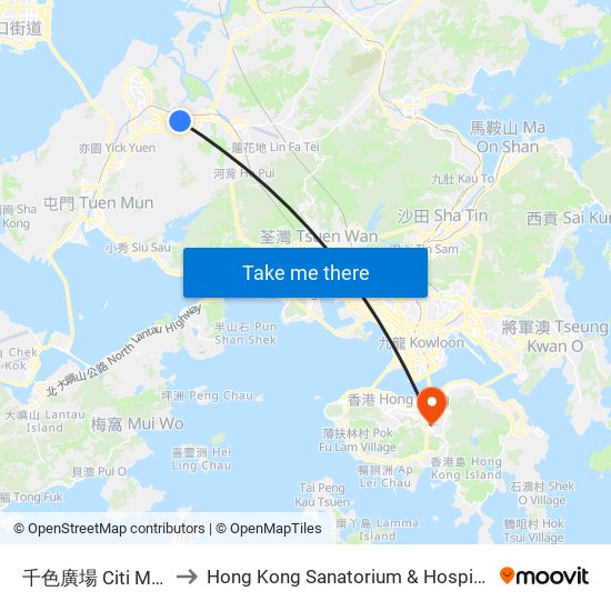 千色廣場 Citi Mall to Hong Kong Sanatorium & Hospital map