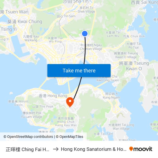 正暉樓 Ching Fai House to Hong Kong Sanatorium & Hospital map