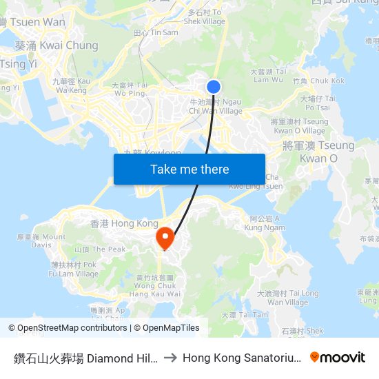 鑽石山火葬場 Diamond Hill Crematorium to Hong Kong Sanatorium & Hospital map