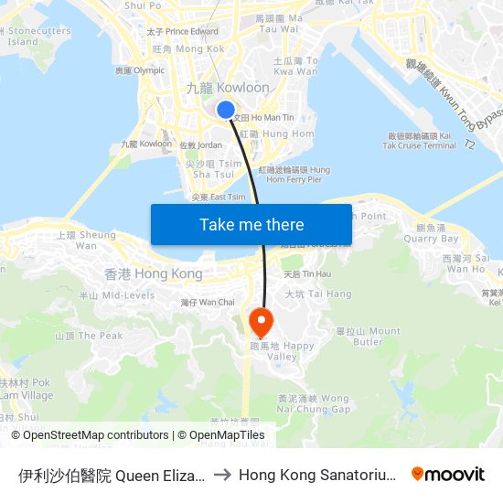 伊利沙伯醫院 Queen Elizabeth Hospital to Hong Kong Sanatorium & Hospital map