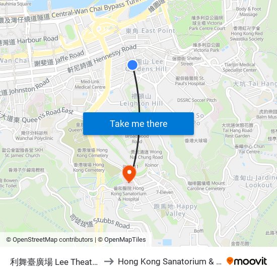 利舞臺廣場 Lee Theatre Plaza to Hong Kong Sanatorium & Hospital map