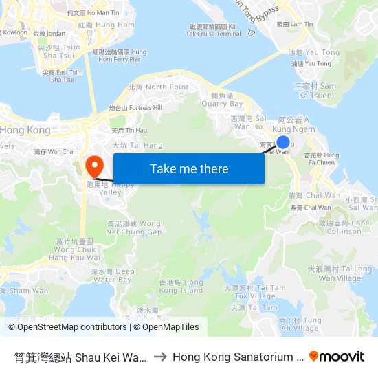 筲箕灣總站 Shau Kei Wan Terminus to Hong Kong Sanatorium & Hospital map