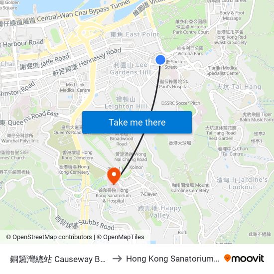 銅鑼灣總站 Causeway Bay Terminus to Hong Kong Sanatorium & Hospital map