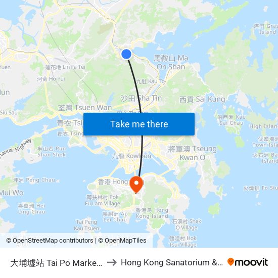 大埔墟站 Tai Po Market Station to Hong Kong Sanatorium & Hospital map