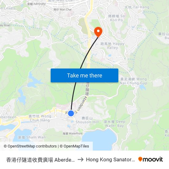 香港仔隧道收費廣場 Aberdeen Tunnel Toll Plaza to Hong Kong Sanatorium & Hospital map