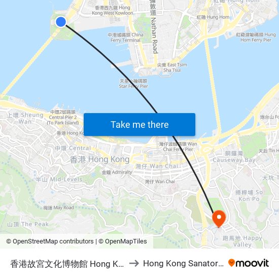 香港故宮文化博物館 Hong Kong Palace Museum to Hong Kong Sanatorium & Hospital map