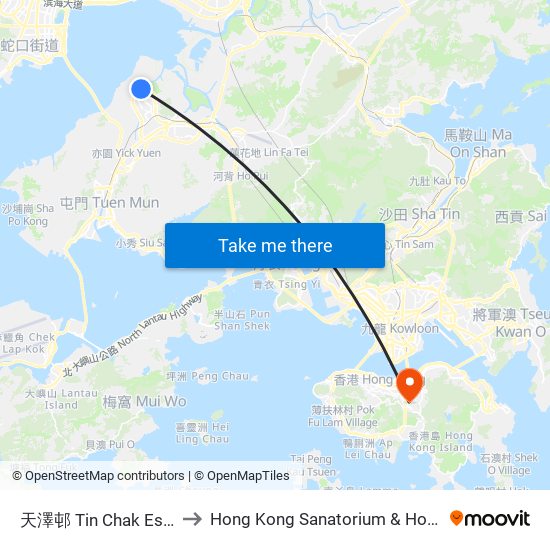 天澤邨 Tin Chak Estate to Hong Kong Sanatorium & Hospital map